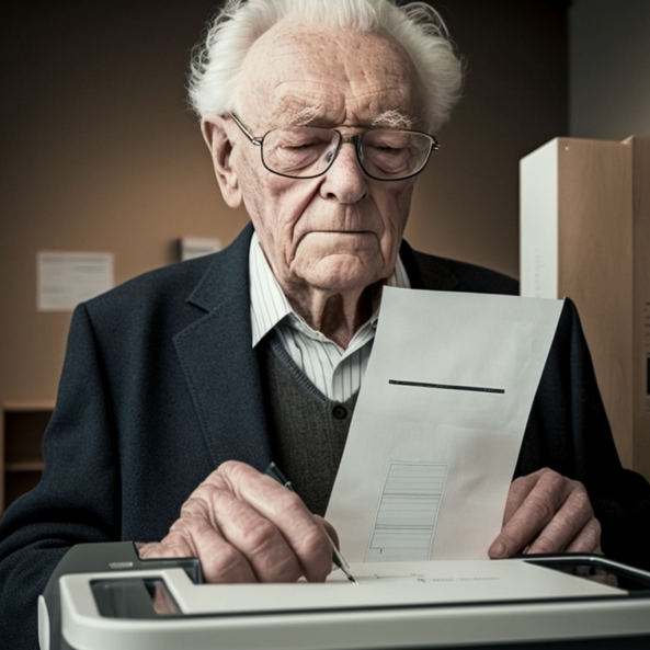 Älterer Mann guckt seinen Wahlschein an und überlegt