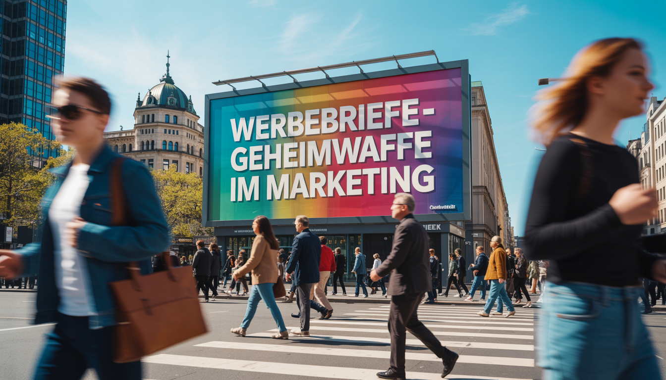 Werbebriefe - Inhalt und Anbieter Städtische Szene einer Werbatafel und dem Spruch Werbebriefe - Geheimwaffe im Marketing